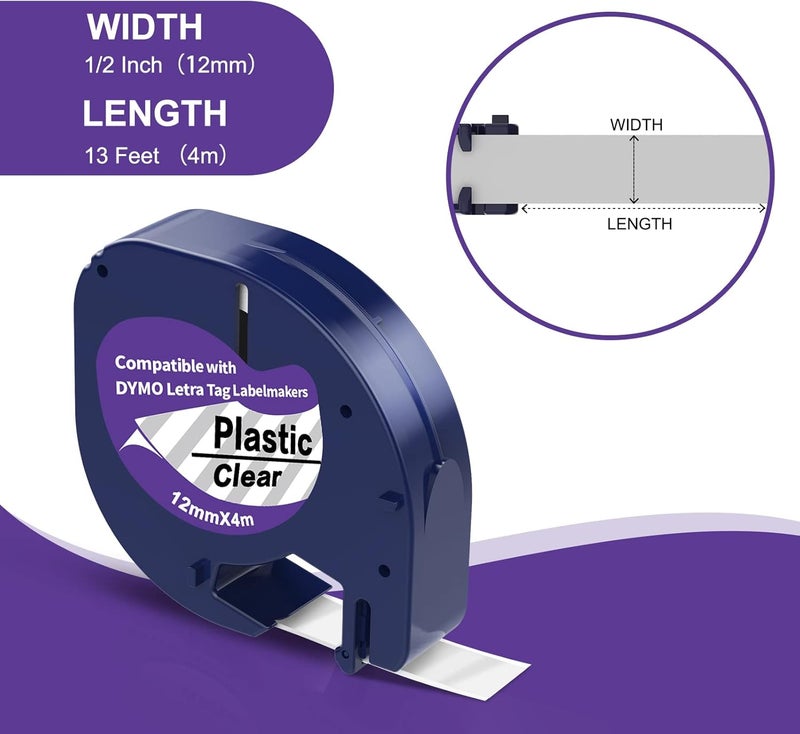 HOCALORT 3 Pack Tape Compatible with DYMO Label Maker Refills Clear Transparent Label Tape 12267, 12mm 0.47Inch Plastic Replacement for DYMO Letratag Refills, Work for LT-100T LT-100H QX50 XR - Image 3